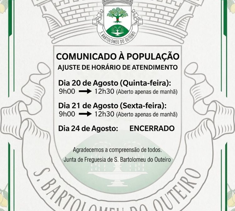 Comunicado: Alterações no horário de atendimento da Junta